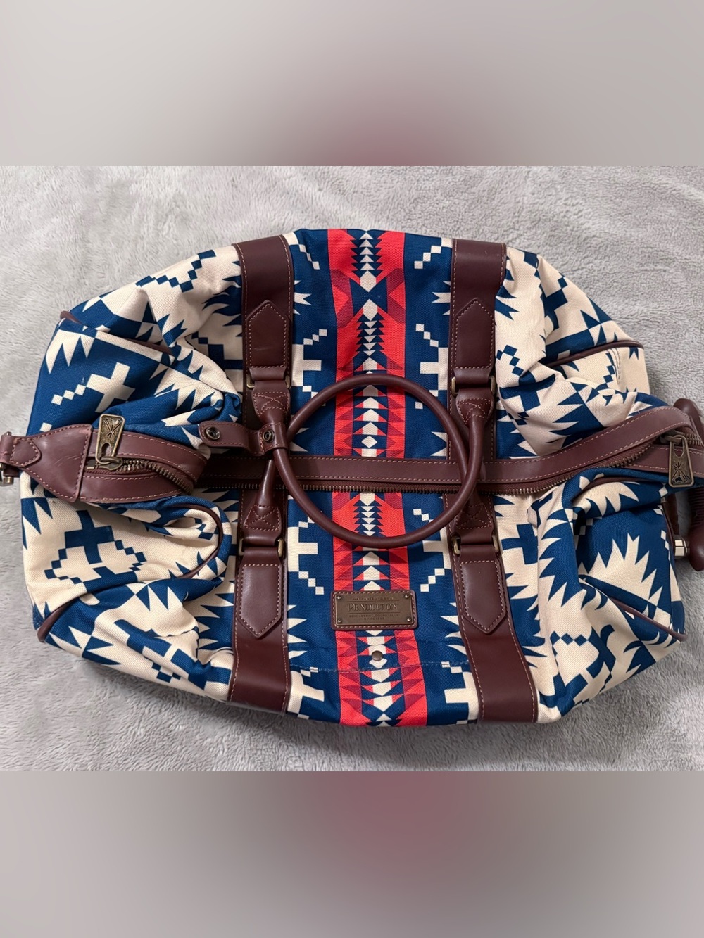 Pendleton Red, Navy & Cream Southwestern Canvas Carryall with Brown Leather Trim